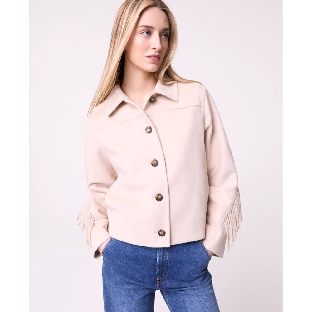 🆕ANN TAYLOR Fringe Bomber Jacket Wool Blend Lined Beige Medium - Picture 3 of 11